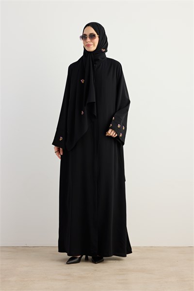Serpme Çiçek Nakışlı Abaya - Siyah