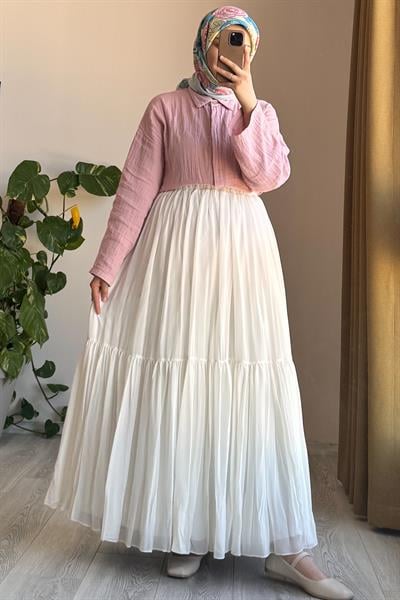 Şifon Astarlı Crush Etek - Ekru