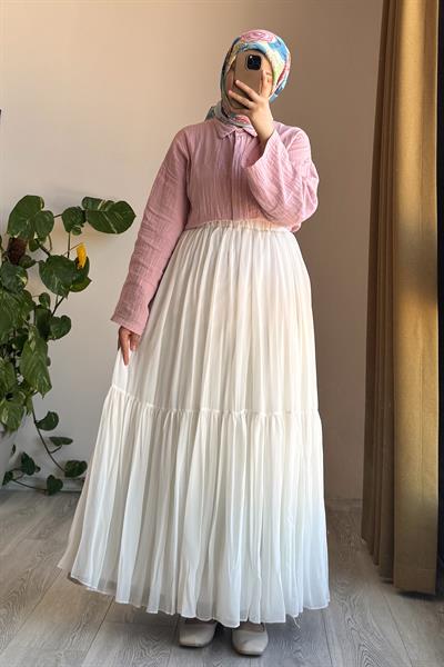 Şifon Astarlı Crush Etek - Ekru