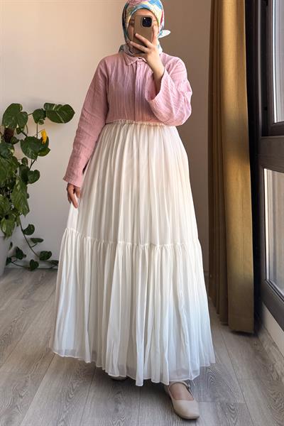 Şifon Astarlı Crush Etek - Ekru