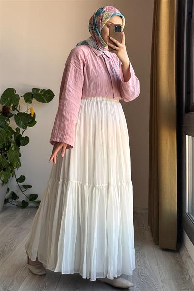 Şifon Astarlı Crush Etek - Ekru