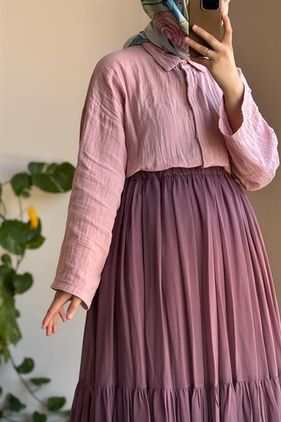 Şifon Astarlı Crush Etek - Gül kurusu