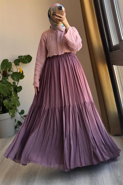 Şifon Astarlı Crush Etek - Gül kurusu