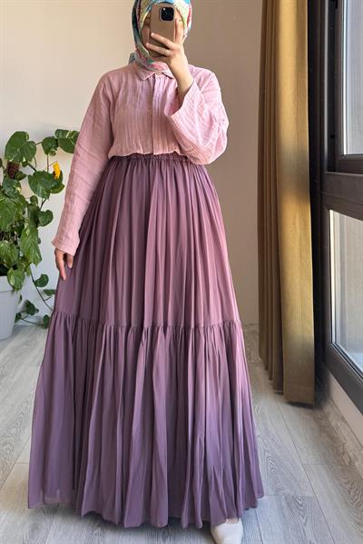 Şifon Astarlı Crush Etek - Gül kurusu