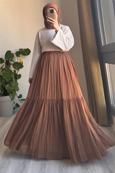 Şifon Astarlı Crush Etek - Taba