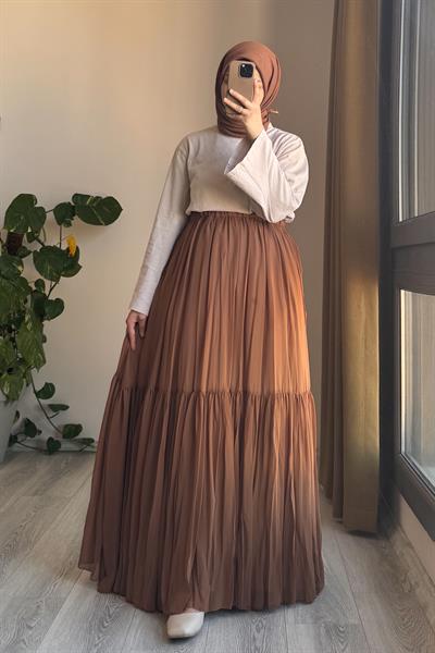 Şifon Astarlı Crush Etek - Taba