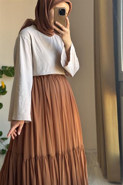 Şifon Astarlı Crush Etek - Taba