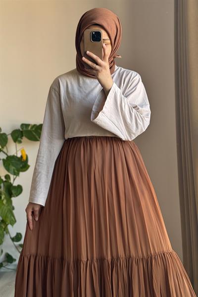 Şifon Astarlı Crush Etek - Taba