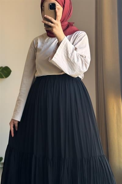 Şifon Astarlı Crush Etek - Siyah