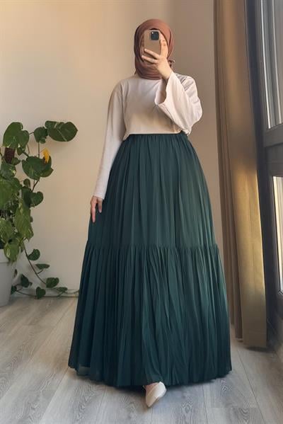 Şifon Astarlı Crush Etek - Zümrüt yeşil