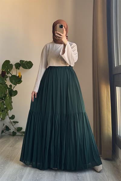 Şifon Astarlı Crush Etek - Zümrüt yeşil