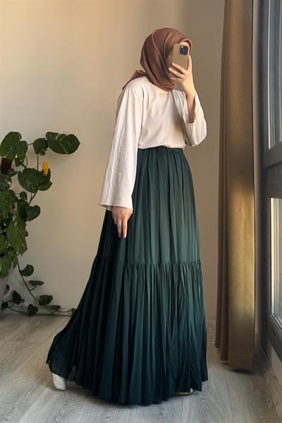 Şifon Astarlı Crush Etek - Zümrüt yeşil