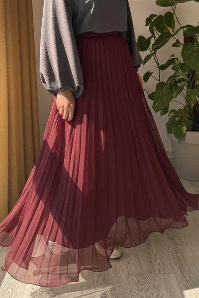 Şifon Pileli Etek - Bordo