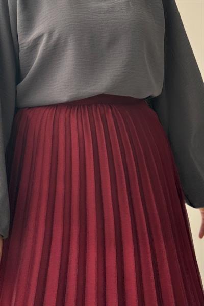 Şifon Pileli Etek - Bordo