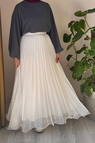 Şifon Pileli Etek - Ekru