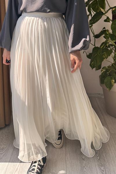 Şifon Pileli Etek - Ekru