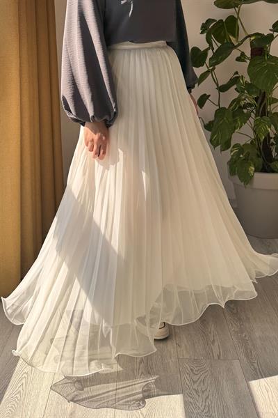 Şifon Pileli Etek - Ekru