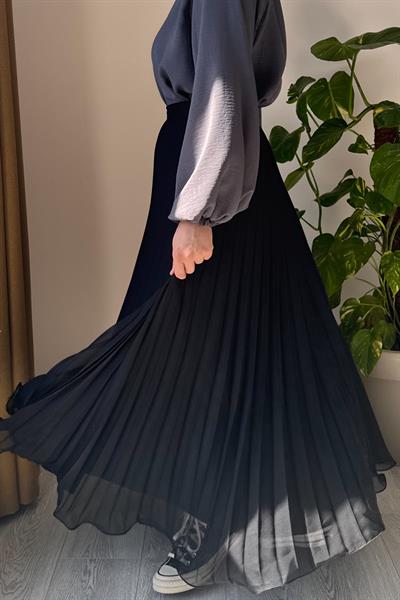 Şifon Pileli Etek - Siyah