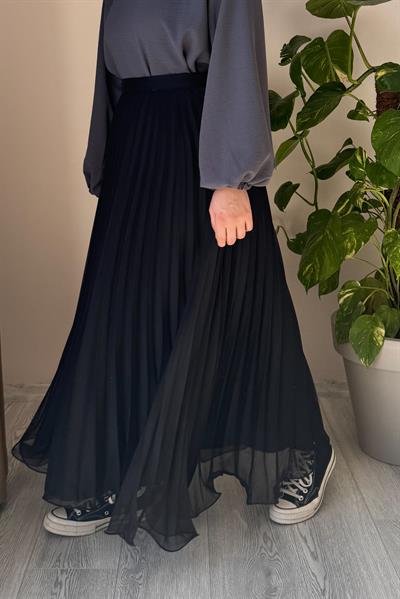 Şifon Pileli Etek - Siyah