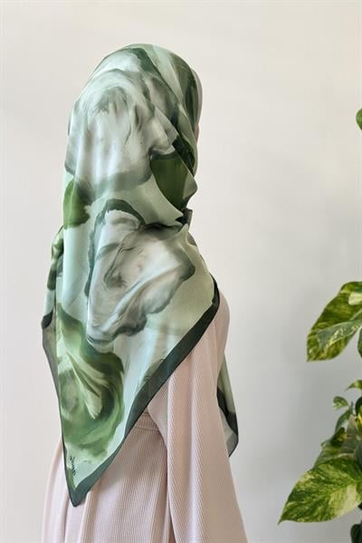 Soft Rose Desen Pamuk Eşarp - Yaprak yeşil