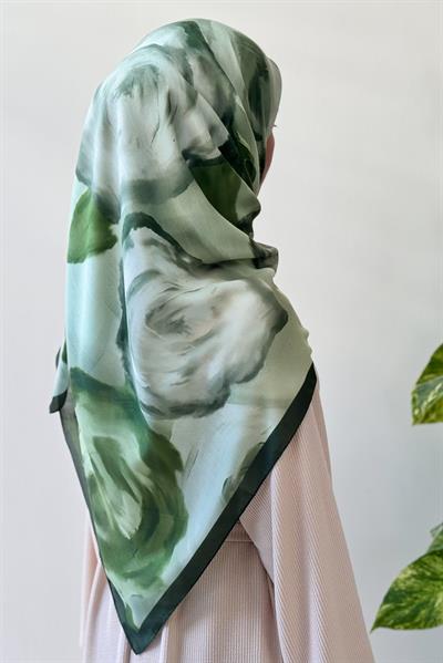 Soft Rose Desen Pamuk Eşarp - Yaprak yeşil