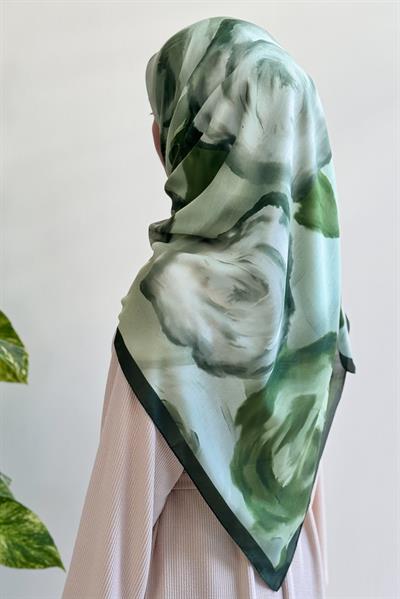 Soft Rose Desen Pamuk Eşarp - Yaprak yeşil