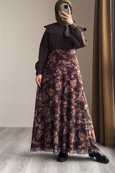 Tül Etek - Floral Desen Kahve