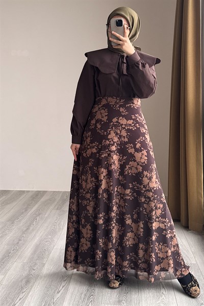 Tül Etek - Floral Desen Kahve