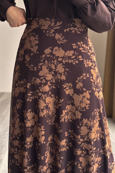 Tül Etek - Floral Desen Kahve