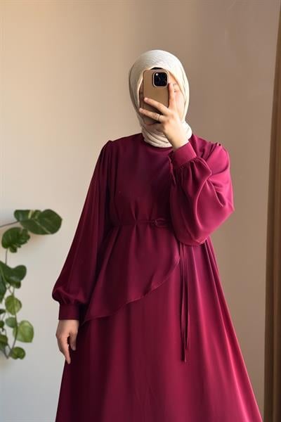 Üstten Fırfırlı Elbise - Bordo