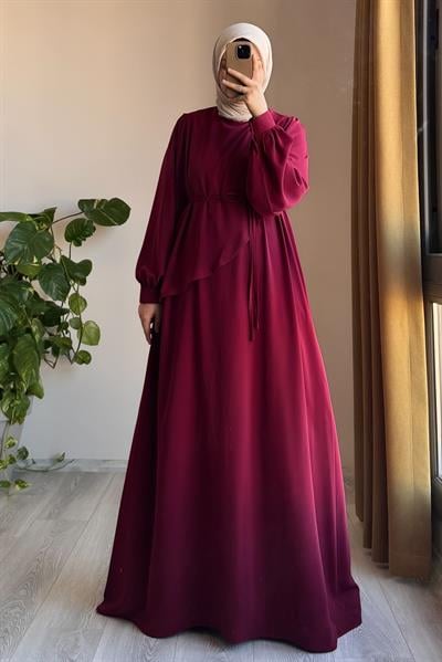 Üstten Fırfırlı Elbise - Bordo