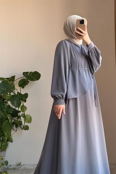 Üstten Fırfırlı Elbise - Gri