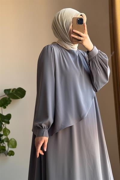 Üstten Fırfırlı Elbise - Gri