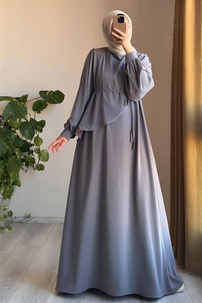 Üstten Fırfırlı Elbise - Gri