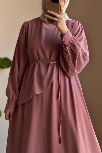 Üstten Fırfırlı Elbise - Pudra