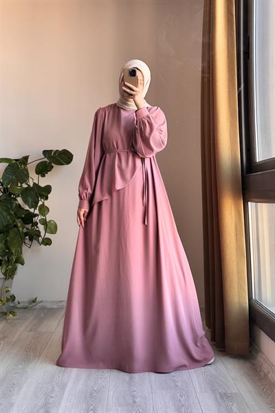 Üstten Fırfırlı Elbise - Pudra