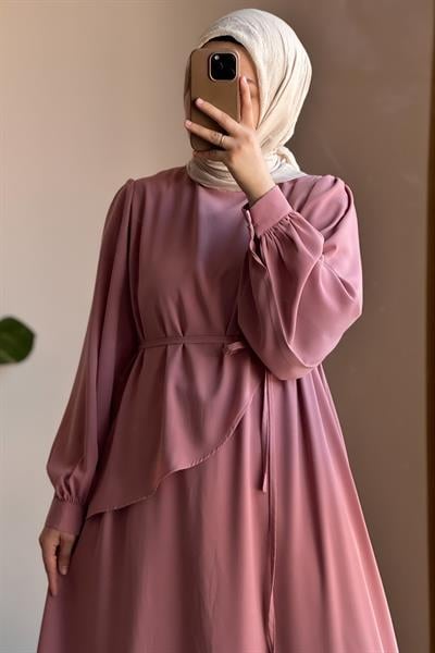 Üstten Fırfırlı Elbise - Pudra