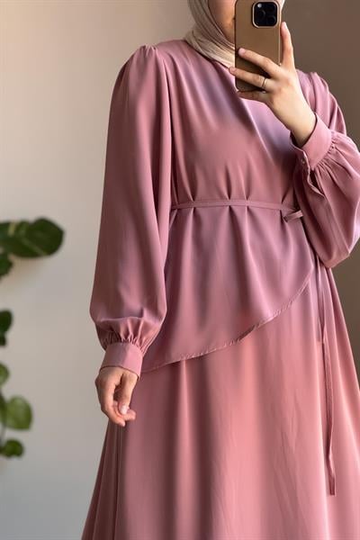 Üstten Fırfırlı Elbise - Pudra