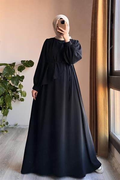 Üstten Fırfırlı Elbise - Siyah