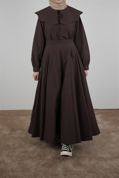 Volanlı Poplin Etek - Acı kahve