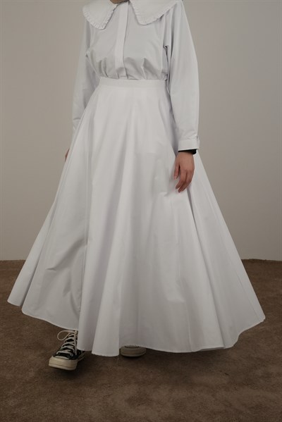 Volanlı Poplin Etek - Ekru