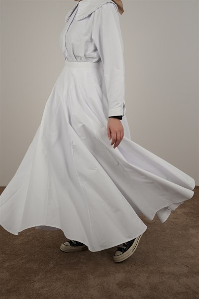 Volanlı Poplin Etek - Ekru