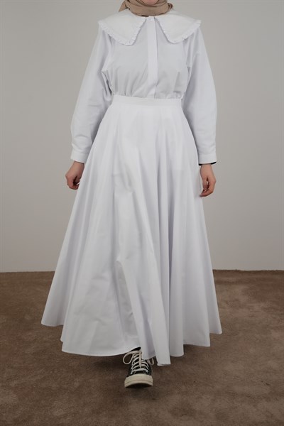 Volanlı Poplin Etek - Ekru