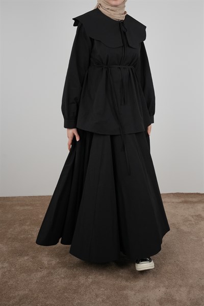 Volanlı Poplin Etek - Siyah