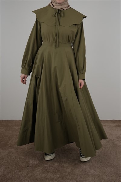 Volanlı Poplin Etek - Yağ yeşili