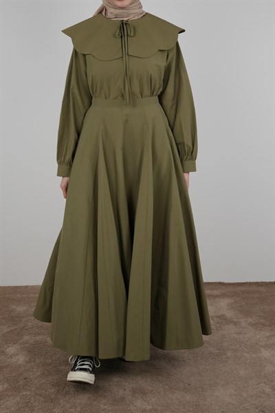 Volanlı Poplin Etek - Yağ yeşili