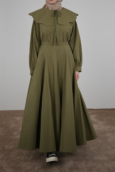 Volanlı Poplin Etek - Yağ yeşili