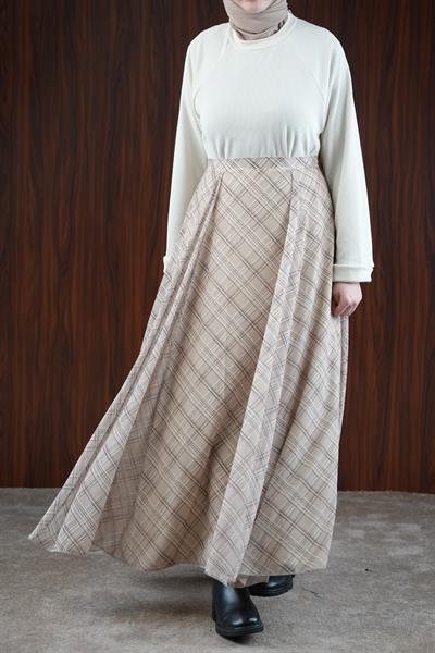 Volanlı Şifon Etek - Bej Ekose