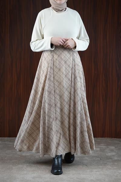 Volanlı Şifon Etek - Bej Ekose