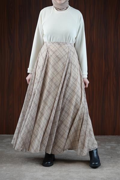 Volanlı Şifon Etek - Bej Ekose